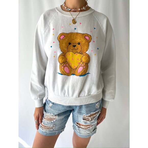 90s vintage teddy bear graphic cute kidcore cartoon pullover crewneck sweatshirt - Picture 1 of 9